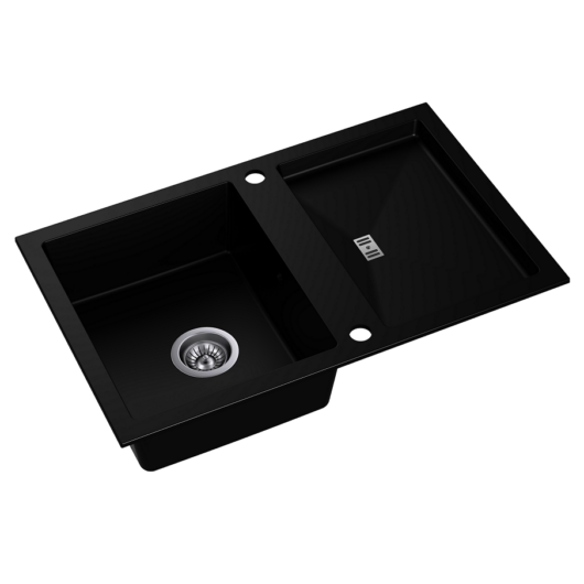 SLIDE 40 egymedencés gránit mosogató csepptálcával, automata dugóemelő, szifonkészlet, fekete