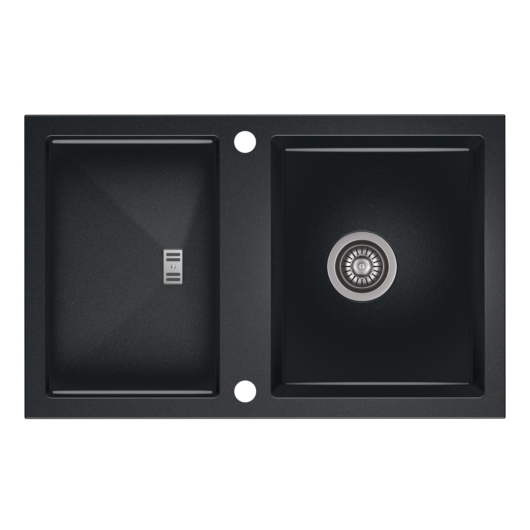 SLIDE 40 egymedencés gránit mosogató csepptálcával, automata dugóemelő, szifonkészlet, fekete-szemcsés fényes