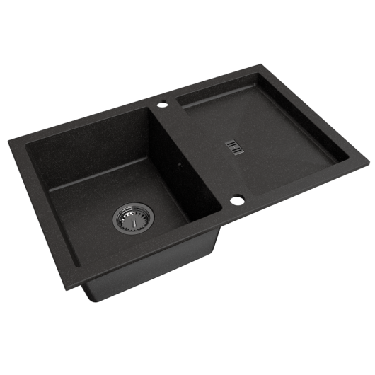 SLIDE 40 egymedencés gránit mosogató csepptálcával, automata dugóemelő, szifonkészlet, fekete-szemcsés