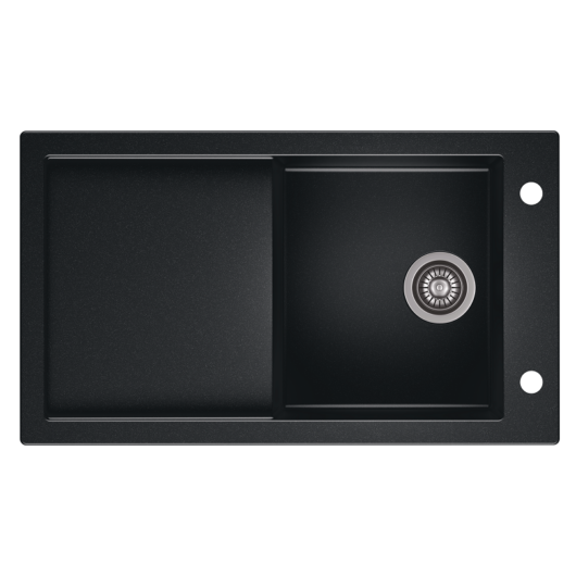TRAMONTANA egymedencés gránit mosogató csepptálcával, automata dugóemelő, szifonkészlet, fekete-szemcsés fényes
