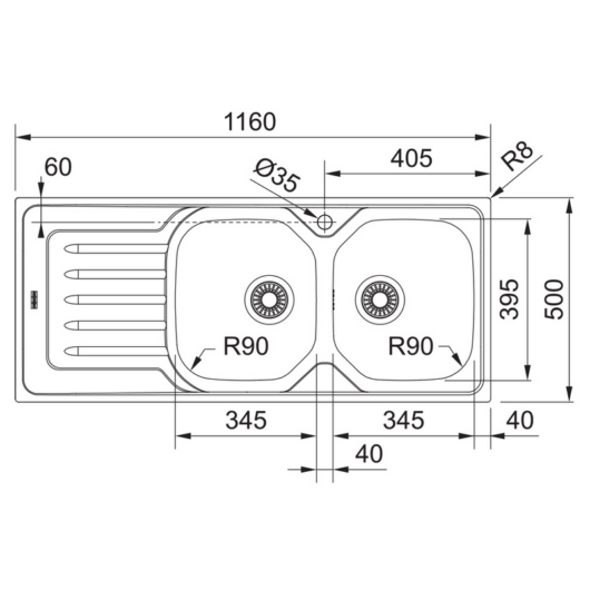FRANKE ONDA LINE OLX 621 kétmedencés csepptálcás inox mosogató csepptálcával  méret
