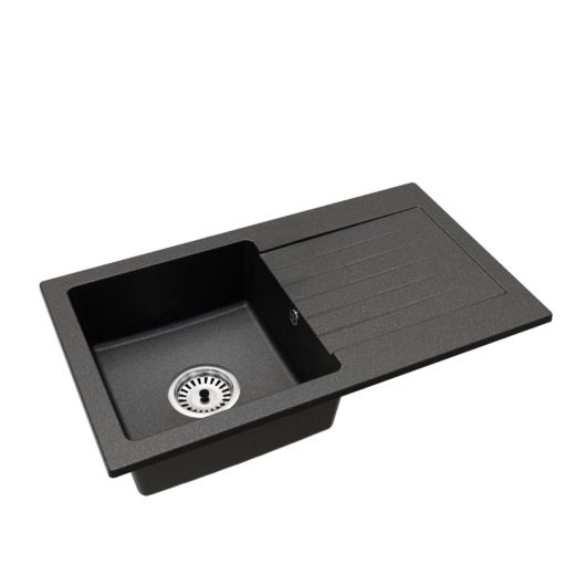 Leon2 egymedencés gránit mosogató szett 2 féle választható csapteleppel (Beta, Steel) szifonnal fekete-szemcsés színben