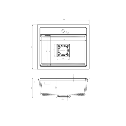 QUADRO 5850 egymedencés gránit mosogató automata dugóemelő, szifonnal