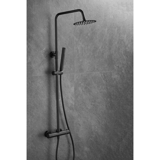 Roy Pro termosztatikus fürdőszobai zuhanyszett fali keverőcsappal és esőztető zuhanyfejjel fekete