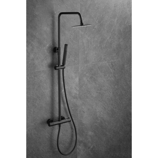 Roy Pro termosztatikus fürdőszobai zuhanyszett fali keverőcsappal és esőztető zuhanyfejjel fekete