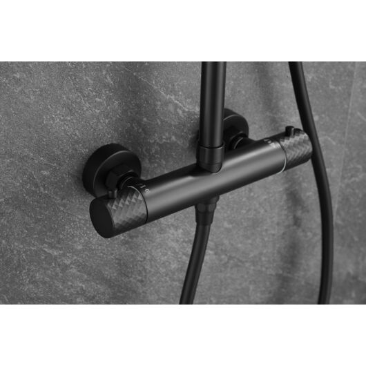 Roy Pro termosztatikus fürdőszobai zuhanyszett fali keverőcsappal és esőztető zuhanyfejjel fekete