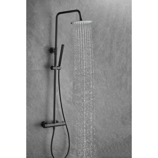 Roy Pro termosztatikus fürdőszobai zuhanyszett fali keverőcsappal és esőztető zuhanyfejjel fekete