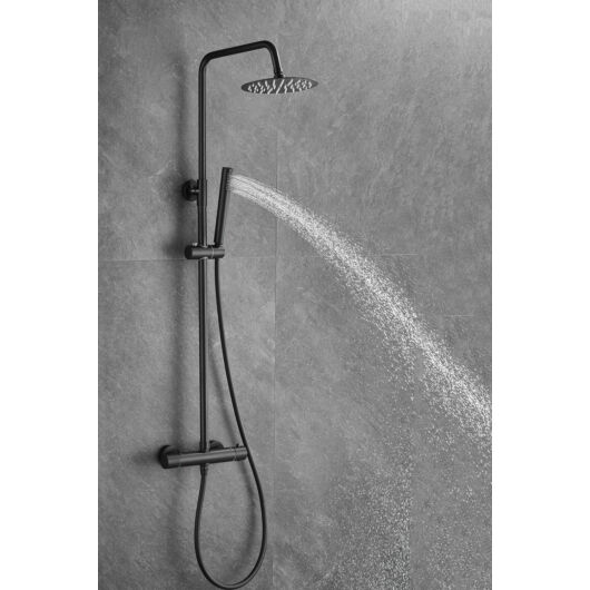 Roy Pro termosztatikus fürdőszobai zuhanyszett fali keverőcsappal és esőztető zuhanyfejjel fekete