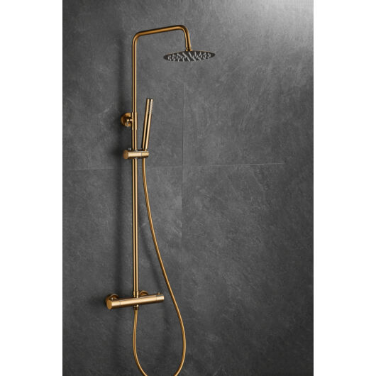 Roy Pro termosztatikus fürdőszobai zuhanyszett fali keverőcsappal és esőztető zuhanyfejjel szálcsiszolt arany