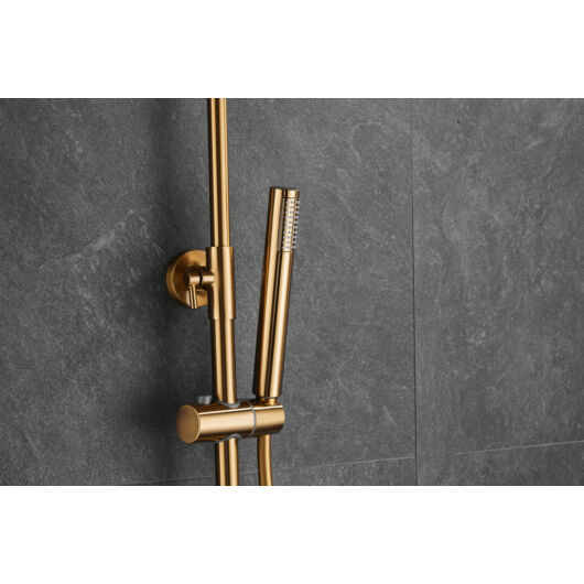 Roy Pro termosztatikus fürdőszobai zuhanyszett fali keverőcsappal és esőztető zuhanyfejjel szálcsiszolt arany