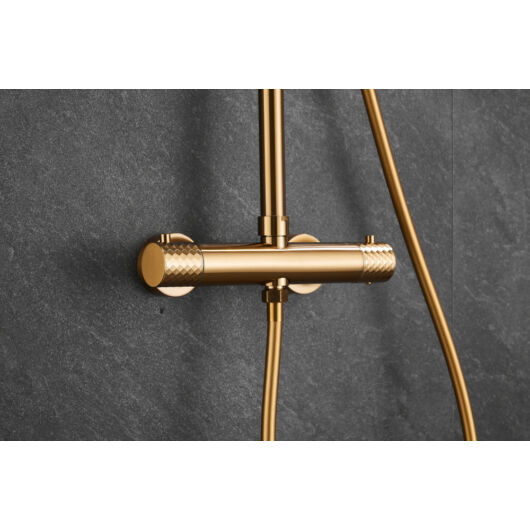 Roy Pro termosztatikus fürdőszobai zuhanyszett fali keverőcsappal és esőztető zuhanyfejjel szálcsiszolt arany