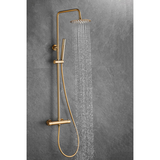 Roy Pro termosztatikus fürdőszobai zuhanyszett fali keverőcsappal és esőztető zuhanyfejjel szálcsiszolt arany
