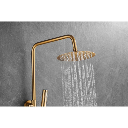 Roy Pro termosztatikus fürdőszobai zuhanyszett fali keverőcsappal és esőztető zuhanyfejjel szálcsiszolt arany