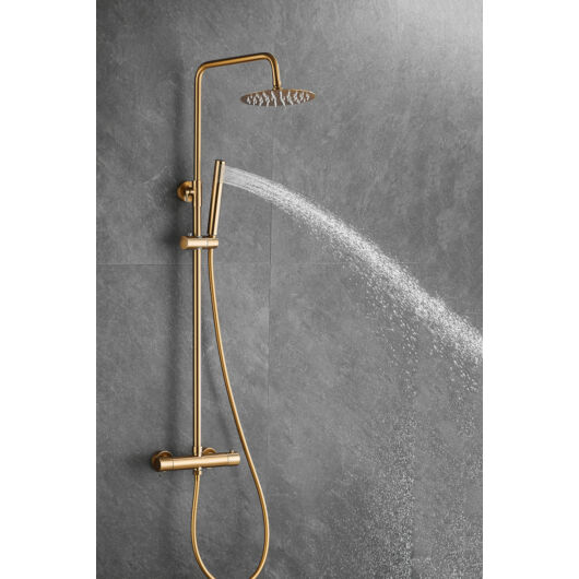 Roy Pro termosztatikus fürdőszobai zuhanyszett fali keverőcsappal és esőztető zuhanyfejjel szálcsiszolt arany
