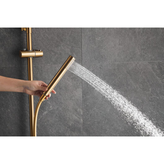 Roy Pro termosztatikus fürdőszobai zuhanyszett fali keverőcsappal és esőztető zuhanyfejjel szálcsiszolt arany