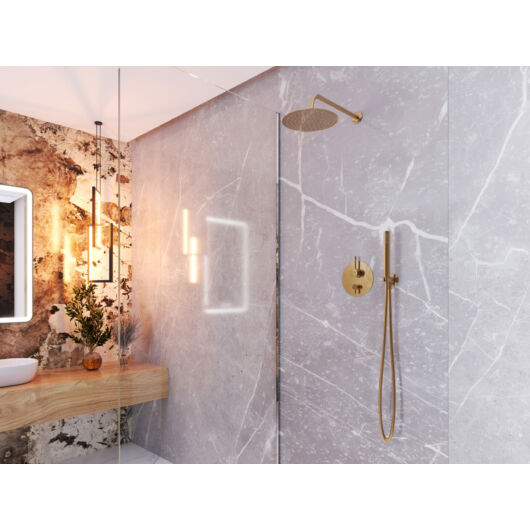 Roy Pro fürdőszobai zuhanyszett beépíthető fali keverőcsappal és esőztető zuhanyfejjel szálcsiszolt arany