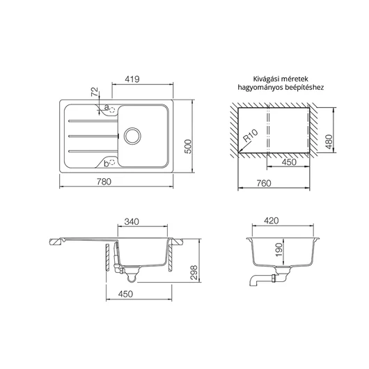Schock Formhaus D-100S egymedencés gránit mosogató csepptálcával  méret