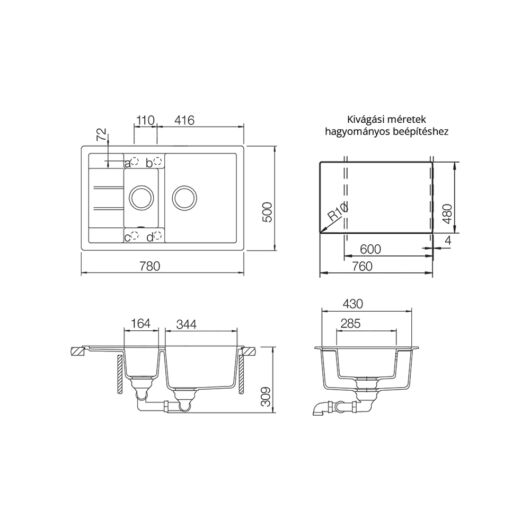 Schock Manhattan D-150S konyhai mosogatótálca Cristalite Alpina 780 x 500 mm, gránit kompozit, fehér, beépíthető