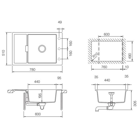 Schock Mono D-100XS egymedencés gránit mosogató csepptálcával  méret
