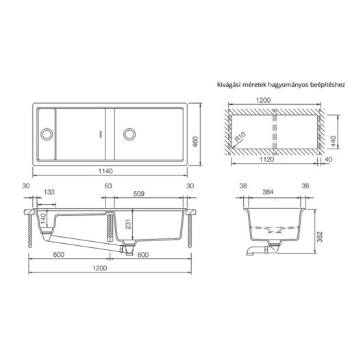 Schock Prepstation D-150 konyhai mosogatótálca Cristadur Green Line Night 1140 x 460 mm lefolyó távműködtetővel, gránit kompozit, éjfekete, beépíthető