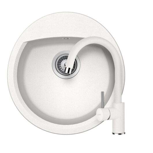 Schock Manhattan R-100 Cristalite Alpina egymedencés kerek  gránit mosogató szett, dugóemelő, szifonnal, Schock Plutos konyhai csaptelep, fehér