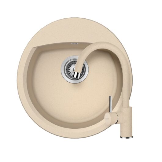 Schock Manhattan R-100 Cristalite Moonstone egymedencés kerek  gránit mosogató szett, dugóemelő, szifonnal, Schock Plutos konyhai csaptelep, bézs