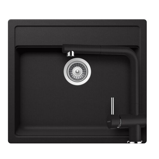 Schock Nemo N-100 Cristalite Nero egymedencés gránit mosogató szett, szifonnal, Schock Epos Ext csaptelep, fekete