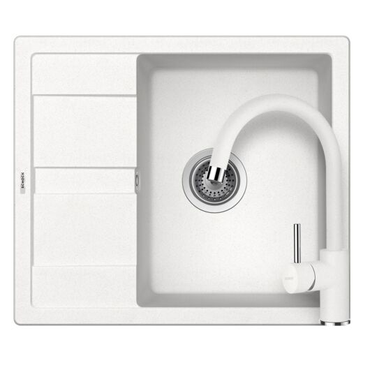 Schock Ronda D-100 egymedencés gránit mosogató szett, Schock Plutos konyhai csaptelep, fehér