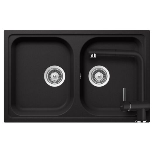 SCHOCK Viola N-200S Cristalite Nero kétmedencés gránit mosogató szett,  Schock Epos Ext csaptelep, fekete