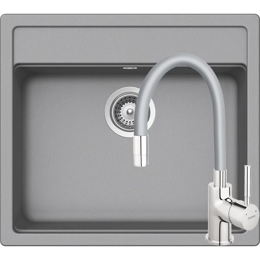 Schock Nemo N-100 Cristalite Croma egymedencés gránit mosogató, Ferro Zumba flexibilis csövű csaptelep, dugóemelő, szifonnal, szürke