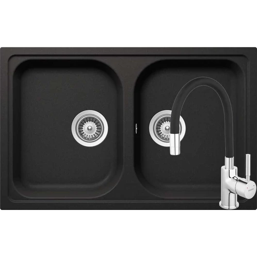 SCHOCK Viola N-200S Cristalite Nero kétmedencés gránit mosogató szett,  Ferro Zumba csaptelep, fekete