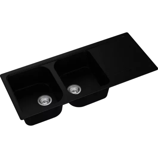 A-POINT 200 kétmedencés csepegtetőtálcás gránit mosogató, szifonnal, fekete, megfordítható