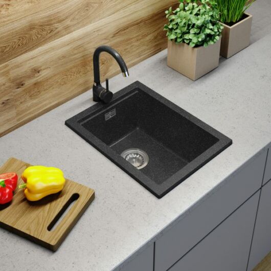 Gamma Decor 3850 egymedencés gránit mosogató, szifonnal, fekete-szemcsés