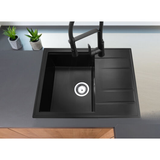 Modern 6550 csepegtetőtálcás egymedencés gránit mosogató, szifonnal, fekete-szemcsés