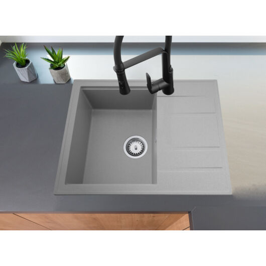 Modern 6550 csepegtetőtálcás egymedencés gránit mosogató, szifonnal, szürke