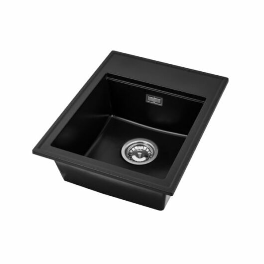 Modern 4050 egymedencés gránit mosogató automata dugóemelő, szifonnal, fekete-szemcsés