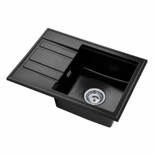 Modern 6040 csepegtetőtálcás egymedencés gránit mosogató, szifonnal, fekete-szemcsés
