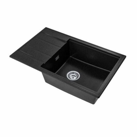 Modern 8010 csepegtetőtálcás egymedencés gránit mosogató, szifonnal, fekete-szemcsés