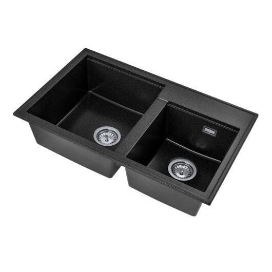 Modern 8020 kétmedencés gránit mosogató, szifonnal, fekete-szemcsés