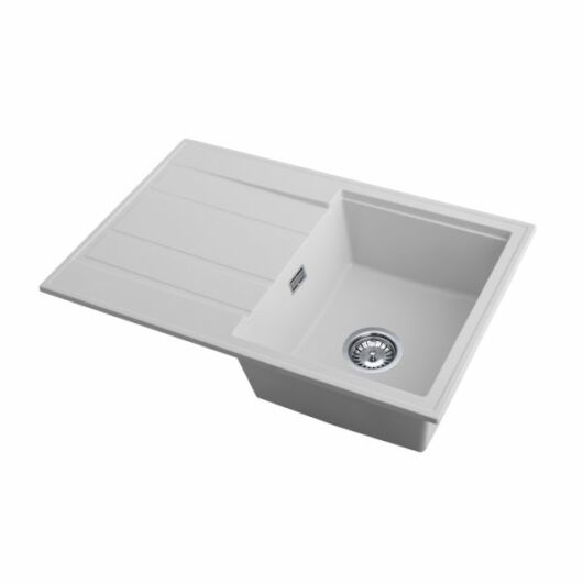 Modern 8050 csepegtetőtálcás egymedencés gránit mosogató, szifonnal, fehér