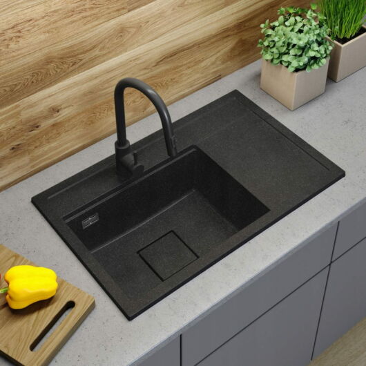 Gamma Quadro 8151 balos gránit mosogató, szifonnal, fekete-szemcsés színben