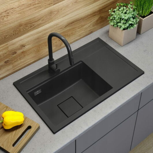 Gamma Quadro 8151 balos gránit mosogató, szifonnal, fekete színben