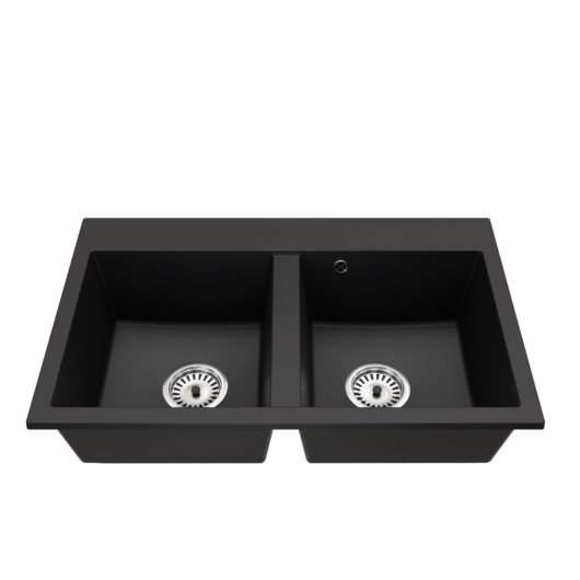 Exclusive 20 kétmedencés gránit mosogató fali csaphoz szifonnal, fekete