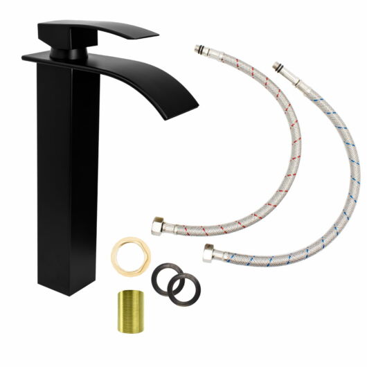 Elva magasított fürdőszobai mosdó csaptelep vízesés alakú vízsugárral fekete