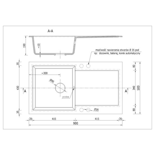 Alex egymedencés gránit mosogató csepptálcával méret rajz