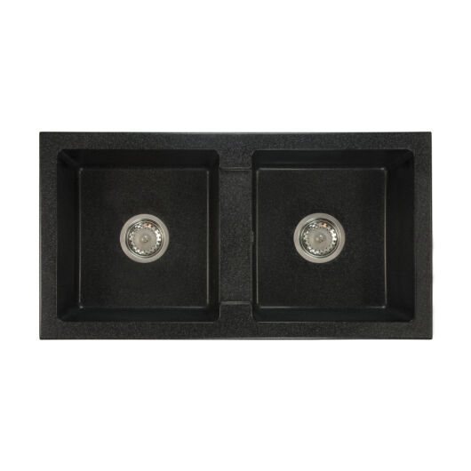 Borys kétmedencés gránit mosogató szett 2 féle választható csapteleppel (Beta, Steel) szifonnal fekete-szemcsés színben