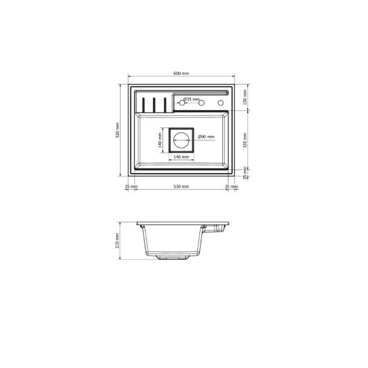 ELITE 6052 egymedencés gránit mosogató méret