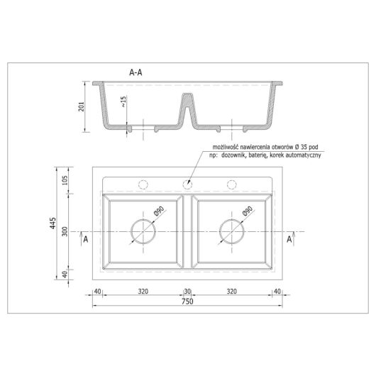 Franek kétmedencés gránit mosogató méret