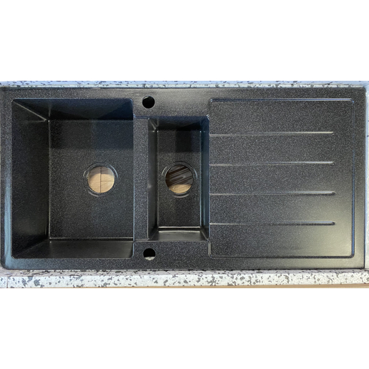 NEXT2 másfél medencés mosogató szett 3 féle választható csapteleppel (Beta, Move, Steel) automata szűrőkosaras leeresztővel, szifonnal fekete-szemcsés színben, beépíthető