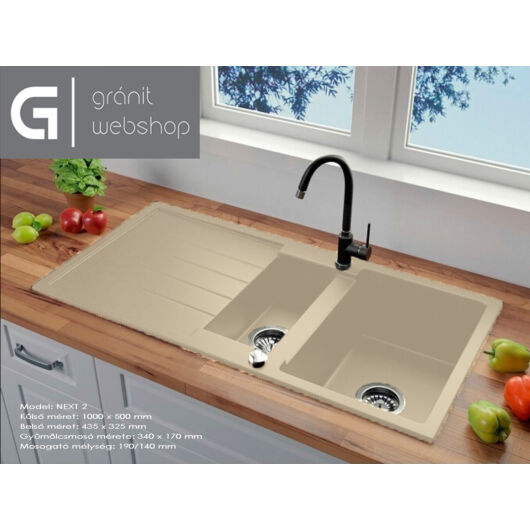 Next2 gyümölcsmosós gránit mosogató automata dugóemelő, szifonnal, bézs-szemcsés